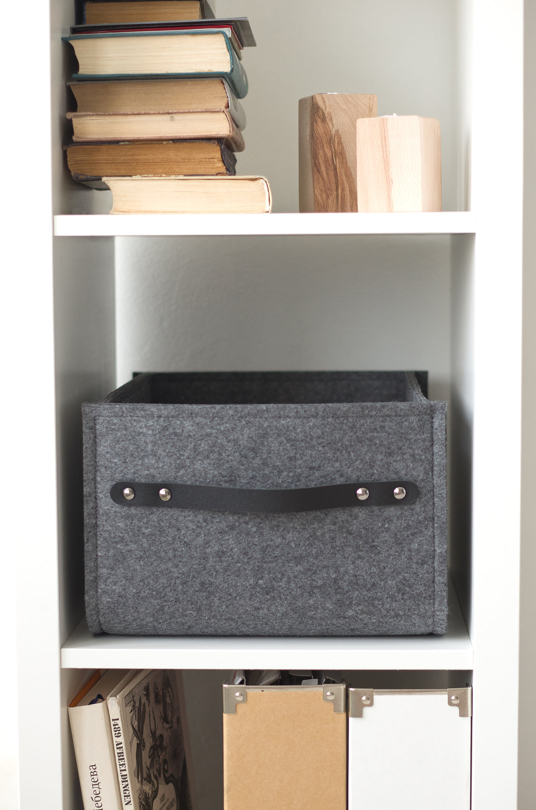 Custom Shelf Bin with leather handles